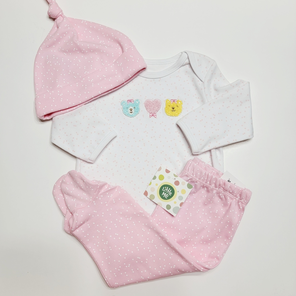 Little Me Pink and White Polka Dot Baby Pant Set With Hat. Sz- 6M